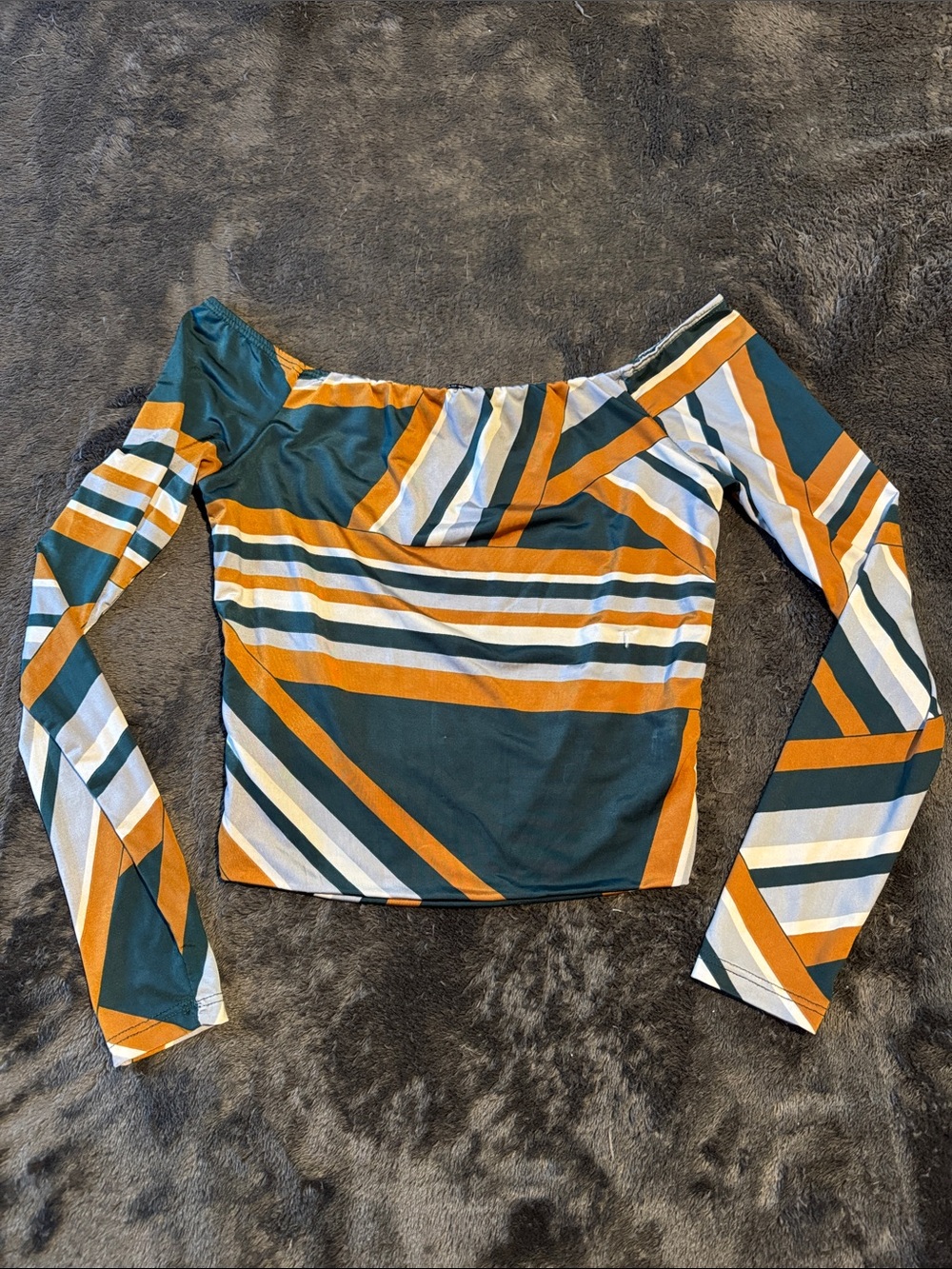Fashion Nova Teal, Mustard & White Striped Off-Shoulder Crop Top